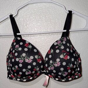 PINK Victoria's Secret Black Polka Dot Bra with Pink & Red Floral Print